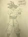  black_eyes black_hair boots clenched_hand commentary_request dirty dirty_clothes dougi dragon_ball dragon_ball_super dragon_ball_z english fingernails happy looking_at_viewer male_focus monochrome shirtless short_hair simple_background smile solo son_gokuu speech_bubble spiked_hair wristband youngjijii 