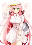  :d akashi_(kantai_collection) alternate_costume breasts buttons dress green_eyes hair_ribbon hat kantai_collection large_breasts long_hair long_sleeves open_mouth pink_hair red_ribbon ribbon rui_shi_(rayze_ray) smile solo tress_ribbon white_dress white_hat 