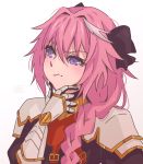  astolfo_(fate) black_bow black_ribbon bow braid commentary commission fate/apocrypha fate_(series) gauntlets hair_between_eyes hair_intakes hair_ribbon hand_on_own_chin highres long_braid long_hair male_focus multicolored_hair non-web_source otoko_no_ko pauldrons pink_hair purple_eyes ribbon roousuu signature simple_background single_braid solo streaked_hair thinking white_background 