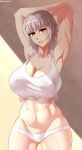  1girl arms_behind_head arms_up artist_request breasts brown_eyes cleavage cowboy_shot head_tilt killing_bites large_breasts looking_at_viewer muscle muscular_female panties solo uzaki_hitomi white_hair 