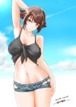  artist_name breasts brown_hair cleavage collarbone cowboy_shot dated day flipped_hair green_eyes grey_tank_top hand_behind_head highres kantai_collection kiriki_haruomi large_breasts looking_at_viewer midriff mutsu_(kantai_collection) navel outdoors shirt short_shorts shorts skindentation smile solo tied_shirt torn_clothes torn_shorts 