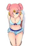  arm_support bikini bikini_skirt blue_eyes breasts cleavage double_bun eyebrows_visible_through_hair fate/grand_order fate_(series) frankenstein's_monster_(fate) frankenstein's_monster_(swimsuit_saber)_(fate) from_above hair_ornament hair_over_one_eye hairclip highres horn kasoku_souchi looking_at_viewer medium_breasts navel pink_hair shadow solo swimsuit thighs white_background 