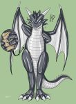  ! 2017 anthro audie-gryph clothed clothing costume digital_drawing_(artwork) digital_media_(artwork) dragon dragon_quest featureless_crotch green_background hi_res horn long_tail male membranous_wings rubber scalie shiny simple_background solo spikes tape trapped video_games wings 