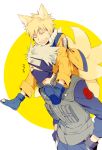  animal_ears blonde_hair carrying closed_eyes commentary_request face_mask flak_jacket forehead_protector gloves hands_in_pockets hatake_kakashi kyuubi leaning_forward long_sleeves mask multiple_boys multiple_tails naruto naruto_(series) open_mouth open_toe_shoes orange_pants orange_shirt shirt shoulder_carry silver_hair sitting sitting_on_person smile tail translation_request uzumaki_naruto whisker_markings xia_(ryugo) 
