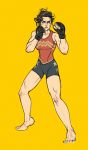  arthur_asa barefoot bike_shorts blue_eyes colorized dc_comics diana_prince fighting_stance justice_league mixed_martial_arts mma_gloves muscle muscular_female shorts sketch sportswear superhero thighs wonder_woman yellow_background 