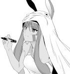  &lt;o&gt;_&lt;o&gt; animal_ears bangs bed_sheet breasts cosplay dark_skin earrings eyebrows_visible_through_hair facepaint facial_mark fate/grand_order fate_(series) hair_between_eyes highres hoop_earrings jackal_ears jewelry long_hair marker medium_breasts medjed medjed_(cosplay) nitocris_(fate/grand_order) nitocris_(swimsuit_assassin)_(fate) one-piece_swimsuit sidelocks smile solo swimsuit yoshiki360 