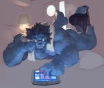  anthro bed big_muscles briefs butt canine clothing e621 eyewear glasses hank_mccoy male mammal marvel muscular muscular_male nude null-ghost solo tablet underwear x-men 