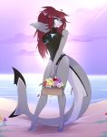  anthro basket beach blue_eyes breasts cleavage clothed clothing detailed_background female fish flower hair hand_behind_head here-kitty--kitty holding_object marine meeka_(spiko) one-piece_swimsuit outside plant red_hair sand seaside shark smile solo sunset swimsuit water wave wetsuit 