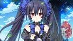  bare_shoulders black_hair blue_ribbon bow bowtie chou_megami_shinkou_noire_gekishin_black_heart cloud company_name day detached_sleeves game_cg hair_ornament hair_ribbon heart heart_hair_ornament hiding highres leaf looking_at_viewer manamitsu multiple_girls neptune_(series) noire non-web_source number official_art one_side_up outdoors peeking_out pink_eyes pink_hair ponytail red_eyes red_hair ribbon saori_(chou_megami_shinkou_noire_gekishin_black_heart) shirt short_sleeves sky tree twintails wind 