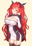  azur_lane black_legwear blush breasts chain cleavage collarbone elbow_gloves garter_straps gloves hair_ribbon hair_twirling honolulu_(azur_lane) jacket_on_shoulders large_breasts long_hair looking_at_viewer red_eyes red_hair ribbon solo thighhighs twintails white_gloves yuruto 