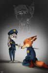  2018 absurd_res anthro canine claws clothed clothing digital_media_(artwork) dipstick_ears disney eyes_closed female fox fur hat hi_res inner_ear_fluff judy_hopps lagomorph male mammal melee_weapon nick_wilde orange_fur police_uniform purple_eyes rabbit simple_background smile sword uniform weapon young ziegelzeig zootopia 