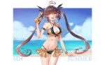  ahoge akatsuki_suzumi alternate_costume armband armpits bangle bangs bare_shoulders beach bead_bracelet beads bikini blue_sky blush bottle bracelet breasts brown_eyes brown_hair character_name cloud commentary cowboy_shot crotch_cutout day eyebrows_visible_through_hair front-tie_bikini front-tie_top gatorade girls_frontline hair_ribbon heart highleg highleg_bikini highres holding holding_bottle jewelry large_breasts long_hair looking_at_viewer m14_(girls_frontline) microskirt navel ocean open_mouth outside_border pleated_skirt ribbon sand shiny shiny_skin sidelocks skindentation skirt sky smile solo sparkle stomach swimsuit thighs twintails water_drop wet yellow_eyes 
