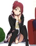  bracelet breasts brown_eyes candy casual choker cleavage collarbone couch covering covering_crotch food hair_ornament hairclip highres icehotmilktea jewelry lollipop looking_at_viewer love_live! love_live!_sunshine!! mouth_hold plaid plaid_skirt ponytail red_hair sakurauchi_riko sitting skirt small_breasts solo thighhighs 