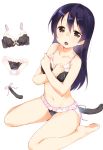  bad_id bad_pixiv_id bangs barefoot black_bra black_hair black_panties blue_hair bow bow_bra bra brown_eyes cat_tail collarbone covering covering_breasts crossed_arms crying embarrassed eyebrows_visible_through_hair fake_tail frilled_panties frills frown full_body highres lace lace-trimmed_bra long_hair looking_at_viewer love_live! love_live!_school_idol_project minase_shuu navel open_mouth panties simple_background sitting solo sonoda_umi tail tears thighs underwear underwear_only wariza white_background white_panties 