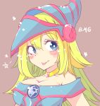  bare_shoulders blonde_hair blue_eyes blush_stickers breasts choker cleavage commentary_request dark_magician_girl duel_monster hat highres large_breasts long_hair pentacle pentagram shisakugata solo tongue tongue_out wizard_hat yuu-gi-ou 