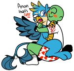  &lt;3 anonymous avian blue_eyes blush boxers_(clothing) clothing duo english_text friendship_is_magic gallus_(mlp) gryphon hug human legwear male male/male mammal my_little_pony open_mouth simple_background smile socks text tongue underwear unknown_artist white_background 
