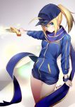  ahoge artist_name artoria_pendragon_(all) black_hat blue_eyes blue_jacket blue_scarf blue_shorts cowboy_shot excalibur eyebrows_visible_through_hair fate/grand_order fate_(series) grey_background hair_between_eyes hat high_ponytail highres holding holding_sword holding_weapon jacket kureha_(angelite) long_hair mysterious_heroine_x scarf short_shorts shorts solo standing sword weapon wrist_cuffs 