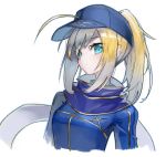  ahoge artoria_pendragon_(all) baseball_cap blonde_hair blue_eyes cropped_arms cropped_torso eyebrows_visible_through_hair fate/grand_order fate_(series) hat mins_(minevi) mysterious_heroine_x ponytail sketch solo white_background 