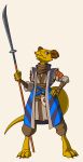  2018 anthro clothed clothing digital_media_(artwork) female for_honor hi_res holding_object holding_weapon horn huginn-chain kobold looking_at_viewer melee_weapon naginata polearm simple_background solo standing weapon 