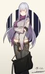  absurdres ak-12_(girls_frontline) alternate_costume arm_across_waist arm_cutout bag bangs beige_background black_bag black_gloves black_pants braid breasts casual character_name closed_eyes closed_mouth commentary_request cowboy_shot eyebrows_visible_through_hair french_braid girls_frontline gloves grey_jacket hand_on_own_arm highres holding holding_bag jacket junexp long_hair long_sleeves medium_breasts midriff pants partly_fingerless_gloves purple_scarf ribbon scarf sidelocks signature silver_hair simple_background sleeves_past_wrists smile solo very_long_hair 