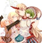  atoki blonde_hair blush bucket closed_eyes green_eyes green_hair hair_ribbon horn hoshiguma_yuugi hug kisume kurodani_yamame long_hair looking_at_another mizuhashi_parsee multiple_girls open_mouth pointy_ears red_eyes ribbon short_hair smile touhou twintails 