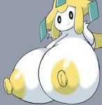  2018 areola big_breasts black_eyes breasts female huge_breasts hyper hyper_breasts jirachi legendary_pok&eacute;mon looking_at_viewer nintendo nipples not_furry petronoise pok&eacute;mon pok&eacute;mon_(species) simple_background smile solo video_games white_skin yellow_nipples 