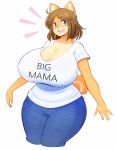  2018 anthro big_breasts blue_eyes breasts brown_hair canine cleavage clothed clothing dog english_text female fully_clothed hair hi_res huge_breasts june_(jinu) mammal nipple_bulge open_mouth shiba_inu short_hair simple_background solo text theycallhimcake tooth_gap white_background wide_hips 