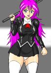  1girl 90s agent_aika alternate_costume artist_request black_delmo blue_eyes breasts cosplay crossover delmo dress female final_fight light_smile lips long_hair panties pixiv poison_(final_fight) riding_crop short_dress solo standing street_fighter thick_thighs thighs underwear uniform weapon wide_hips 