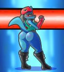  abstract_background big_butt blush boots butt cammy_white capcom chest_spike clothing colored cosplay digital_media_(artwork) female footwear gloves handwear hat headgear headwear hi_res iamaneagle_(artist) lucario nintendo pok&eacute;mon pok&eacute;mon_(species) spikes spikes_(anatomy) street_fighter thick_thighs video_games wide_hips 