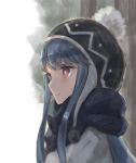  bangs beanie blue_hair commentary_request hair_down hat kotanu_(kotanukiya) long_hair looking_afar pom_pom_(clothes) red_eyes scarf shima_rin sidelocks smile solo upper_body winter_clothes yurucamp 