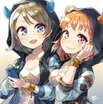  ahoge blue_eyes bracelet breasts cellphone cleavage earphones grey_hair highres holding holding_phone hood hood_up hooded_jacket horned_hood horns jacket jewelry looking_at_another looking_at_viewer love_live! love_live!_school_idol_festival love_live!_sunshine!! medium_breasts multiple_girls open_mouth orange_hair phone red_eyes shared_earphones short_hair signature smartphone smile studded_bracelet takami_chika takenoko_no_you upper_body watanabe_you 