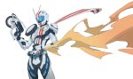  exhaust gun helmet highres kamen_rider kamen_rider_drive_(series) kamen_rider_mach liba_(leo8d) male_focus motorcycle_helmet rider_belt scarf shoulder_pads solo weapon wheel white_background 