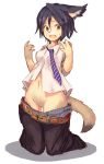  2015 animal_humanoid black_hair breasts brown_eyes cat_humanoid clothing featureless_crotch feline female hair humanoid kneeling mammal navel necktie open_mouth pants scared shirt short_hair shrinking simple_background solo tears transformation white_background あしっえづば 