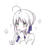  :t ahoge artoria_pendragon_(all) bangs blue_ribbon blush braid chopsticks closed_mouth collared_shirt commentary_request eating eyebrows_visible_through_hair fate/stay_night fate_(series) fingernails green_eyes hair_bun hair_ribbon hand_to_own_mouth long_sleeves looking_at_viewer midorikawa_you monochrome ribbon saber shirt sidelocks simple_background solo spot_color white_background 