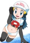  1girl alternate_costume beanie blue_eyes blue_hair blush cosplay hainchu hat hikari_(pokemon) midriff miniskirt navel pokemon pokemon_(anime) skirt solo stomach team_rocket team_rocket_uniform thighhighs 