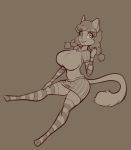  2018 anthro big_breasts braided_hair breasts cat clothed clothing digital_media_(artwork) feline female full-length_portrait grey_background greyscale hair hi_res huge_breasts legwear long_hair looking_at_viewer mammal monochrome pigtails portrait scorpdk shirt simple_background sitting skirt smile solo stockings striped_clothing striped_legwear striped_stockings stripes teeth twin_braids 