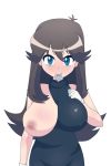  1girl black_dress blue_(pokemon) blue_eyes blush breasts brown_hair condom condom_in_mouth dress hand_on_chest highres large_breasts looking_at_viewer nipples one_breast_out pokemon pokemon_special smile solo suzuno_(saru_grdz) 