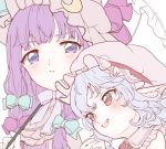  bad_id bad_twitter_id bangs blue_hair blush bow close-up curly_hair fangs green_bow hair_bow hat holding holding_umbrella long_hair looking_at_another medium_hair mob_cap multiple_girls open_mouth patchouli_knowledge pointy_ears purple_eyes purple_hair red_eyes remilia_scarlet satomachi touhou umbrella 