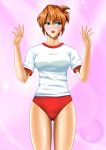  1girl 90s agent_aika alternate_costume arms_up bangs bare_legs blush brown_hair cosplay earrings green_eyes gym_shirt gym_uniform looking_away looking_to_the_side open_mouth pixiv red_buruma shirt short_sleeves simple_background solo sumeragi_aika thighs white_shirt yuusuke_(ziyasu) 