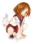  2014 avian beak bird brown_hair clothing crouching egg female hair open_mouth oviposition pussy_juice scared school_uniform shirt simple_background skirt solo talons tears transformation uniform white_background yellow_eyes young あしっえづば 