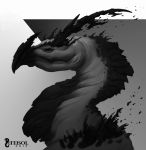  2018 ambiguous_gender beak black_beak digital_media_(artwork) dragon feral greyscale monochrome solo teisol 