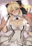  1girl ahoge arm_at_side arm_support artoria_pendragon_(all) artoria_pendragon_(lancer) bangs bare_shoulders bed_sheet beige_dress black_bow blonde_hair blush bow boy_on_top breasts clenched_hand colored_eyelashes command_spell commentary_request cosplay cowboy_shot dark_skin dark_skinned_male detached_collar detached_sleeves dress embarrassed fate/grand_order fate_(series) from_above gloves green_eyes hair_between_eyes hair_bow hand_up harukon_(halcon) head_tilt hetero high_ponytail highres imminent_sex indoors large_breasts looking_at_viewer lying medium_hair multicolored multicolored_clothes multicolored_dress nose_blush on_back on_bed out_of_frame parted_bangs parted_lips pillow ponytail pov pov_hands puffy_detached_sleeves puffy_sleeves raised_eyebrows saber_lily saber_lily_(cosplay) sidelocks solo_focus strapless strapless_dress sweat turtleneck white_dress white_gloves wrist_grab 
