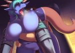  2018 all_fours ambiguous_gender anthro armor blue_body blue_hair blush breasts brown_eyes clothing doggystyle dragon duo female female/ambiguous from_behind_(disambiguation) from_behind_position furgonomics gloves hair horn hug human human_on_anthro interspecies mammal mostly_nude nipples open_mouth penis pussy sex sweat tail_clothing tail_warmer tongue tongue_out voluptuous まえのめり 