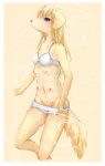  2014 abstract_background anthro blonde_hair blue_eyes bra breasts canine clothing dog female hair mammal mikazuki162 multi_breast navel nipples open_mouth panties post_transformation solo standing underwear undressing 