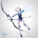  absurdres arrow artist_name blue_eyes bow_(weapon) bridal_gauntlets canata_katana commentary_request drawing_bow energy_arrow full_body headgear highres holding holding_arrow holding_bow_(weapon) holding_weapon left-handed looking_at_viewer mecha_musume original short_hair simple_background solo weapon white_hair 