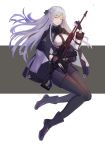  ak-12_(girls_frontline) assault_rifle bangs black_gloves black_pants boots braid breasts closed_eyes french_braid full_body girls_frontline gloves gun holding holding_weapon jacket jacket_on_shoulders long_hair long_sleeves medium_breasts pants pantyhose rifle silver_hair smile solo weapon zwc1271750321 