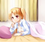  azur_lane bed bed_sheet blanket blonde_hair blush breasts cleavage cleveland_(azur_lane) commentary_request curtains eyebrows_visible_through_hair hair_between_eyes hair_ribbon hand_on_own_cheek ichimi indoors long_hair looking_at_viewer lying medium_breasts on_side one_side_up pillow red_eyes ribbon shirt smile solo under_covers white_shirt 