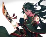  1boy black_hair creatures_(company) detached_sleeves game_freak gen_3_pokemon hair_between_eyes holding holding_sword holding_weapon long_hair looking_to_the_side male_focus nintendo personification pokemon rayquaza red_eyes solo standing sword very_long_hair weapon white_background wide_sleeves zazaki 
