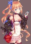  ahoge armpits bad_id bad_pixiv_id bag bangs black_bra black_jacket blonde_hair blue_bow blue_eyes blush bow bra bra_peek breasts cellphone chain choker cleavage collarbone cross dress eyebrows_visible_through_hair fal_(girls_frontline) frilled_skirt frills girls_frontline heart heart-shaped_pupils highres holding holding_bag holding_phone jacket large_breasts lingerie long_hair looking_at_viewer off_shoulder open_clothes open_mouth phone pouch ribbon short_dress side_ponytail sidelocks simple_background single_thighhigh skindentation skirt sleeves_folded_up smartphone solo standing strapless strapless_dress symbol-shaped_pupils thigh_strap thighhighs underwear very_long_hair xi_zhujia_de_rbq 