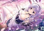  arm_guards azur_lane bangs bare_shoulders basket belfast_(azur_lane) black_choker blanket blush braid breasts candy chain cherry_blossoms choker cleavage closed_mouth collarbone commentary_request corset dappled_sunlight dress elbow_gloves eyebrows_visible_through_hair flower food french_braid frilled_gloves frilled_skirt frills garter_straps gloves hand_on_own_chest knees_up large_breasts lollipop long_hair looking_at_viewer looking_to_the_side lying maid maid_headdress no_shoes on_back outdoors petals pink_flower revision shiny shiny_hair skirt sleeveless sleeveless_dress smile solo sousouman sunlight thighhighs tree white_dress white_gloves zettai_ryouiki 